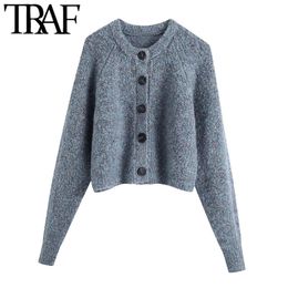 TRAF Women Fashion Button-up Cropped Knitted Cardigan Sweaters Vintage O Neck Long Sleeve Outerwear Chic Tops 210415