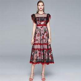 Fashion Designer Runway Summer Vintage Mesh Midi Dress Women Flare Sleeve Ruffles Lace Embroidery Flower Long Dresses 210520