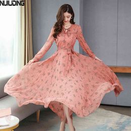 Women Vintage Long Dresses Spring Autumn Chiffon Floral Printing Dress Sleeve Stand Collar Vestidos 210514