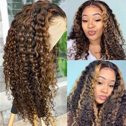 13x4 Transparent Lace Front Wig Ombre Deep Wave Brazilian Indian Remy Human Hair Wigs 4/27 Highlight Wig 16-28 inch