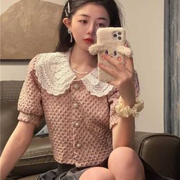 Sweet Pink Puff Short Sleeve Peter Pan Collar Patchwork Lace Shirts Women Short Summer Single-breasted Blouse Fashion Tops Chic 210610