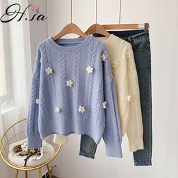 H.SA Women Winter Sweaters Floral Stitch Jumpers Yellow Pullover Oneck Twisted Stright Knitwear Korean Fashion Pull Femme 210417