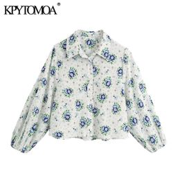 Women Fashion Floral Print Cropped Blouses Lantern Sleeve Button-up Female Shirts Blusas Chic Tops 210420