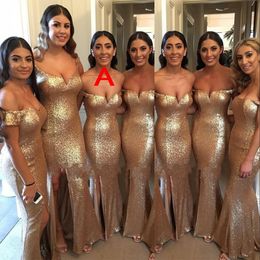 2021 Sparkly Gold Sequined Bridesmaid Dresses Wedding Guest Dress Mermaid Off Shoulder Sequins Side Split Long Maid of Honour Gowns