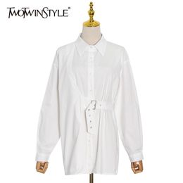 TWOTWINSTYLE Irregular White Shirt For Women Lapel Long Sleeve Solid Minimalist Blouse Female Fashion Clothing Autumn 210517