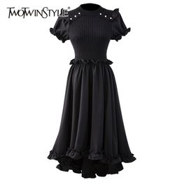 Elegant Black Dress For Women O Neck Puff Short Sleeve High Waist Patchwork A Line Midi Dresses Female Summer 210520