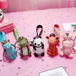 Key Rings Fashionable and cute dinosaur car keyring cartoon female PVC animal keychain hanging rope handbag accessory Trinket G230526