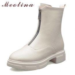 Meotina Women Boots Autumn Ankle Boots PU Leather Square Heels Short Boots Zipper Round Toe Shoes Female Winter Plus Size 34-43 210608