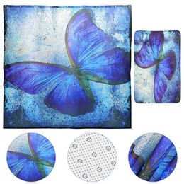 Shower Curtains 2Pcs Butterflies Pattern Bathroom Curtain Floor Mat Decoration