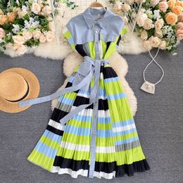 Women Pleated Blouses Dress Korean Sleeveless Single Breasted A-line Dresses Summer Elegant Fashion Streetwear Vestidos 210419