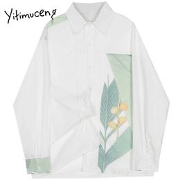 Yitimuceng Print Blouse Women Button Shirts Loose Solid White Spring Fashion Clothes Turn Down Long Sleeve Casual Tops 210601