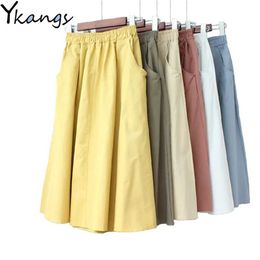 Plus Size Cotton Pocket Pleated Skirt 6 Colour High Elastic Waist Mom Long Skirt Women Summer Casual Loose Wild A-Line Saia 210619