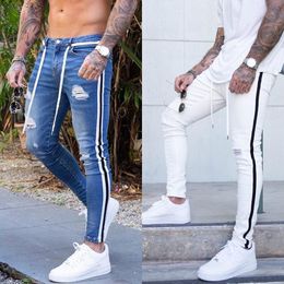 Mens Jeans Men Skinny Biker Destroyed Slim Ripped Holes Denim Trousers Side Striped Pencil Pants Hip Hop Blue White Black Fashion