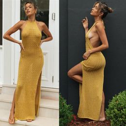 Women Sheer Crochet Bikini Cover-ups Sexy Backless High Split See-through Maxi Long Dress Summer Beach Cover Up Bodycon Women's Swimwear