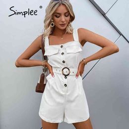 Solid Strap Square Neck Women Rompers Casual Waist Single-breasted Summer Playsuits Chic High Street Overalls 210414