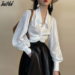 Office Lady Elegant Shirts Chic Turn-down Collar Women Blouse Vintage Puff Sleeve Criss-Cross Solid Crop Tops Blusas 210514