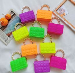 Kids Jelly Handbag Girls Pearl Chain square Bags Children silicone Messenger princess Bag