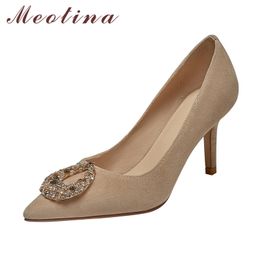 Meotina Kid Suede High Heel Shoes Women Real Leather Stiletto Heels Pumps Pointed Toe Crystal Wedding Shoes Ladies Footwear 40 210520