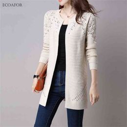 Fall Women Cardigan Solid Color Hollow Out Sweaters Size S-XXL Poncho Full Sleeve Open Stitch Female Knitted Outerwear 210812