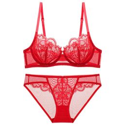 Briefs Panties Sexy Bra Set Plus Size Lingerie Women Ultra-thin Petal Pattern Underwired Underwear Set Women 95D L2304