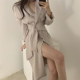 -Корейский офис леди платье халат ede femme осень французская элегантная талия повязка длинные женщины работают носить Vestidos Jurken 210514