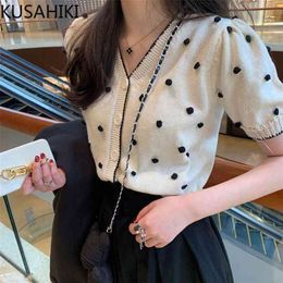KUSAHIKI Spring Summer Knitted Cardigan Korean 3D Dot Puff Short Sleeve Knitted Tops Elegant Korean V-neck Knitwear 6G326 210812