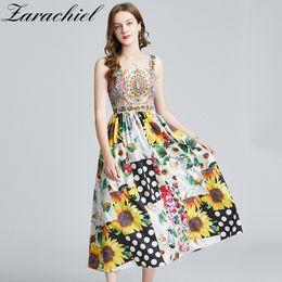 Summer Fashion Runway Holiday Dress Women Spaghetti Strap Backless Sunflower Print Patchwork Beach Boho Party Long Sundress 210416