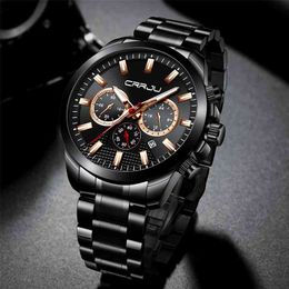 CRRJU Men Watch Luxury Multifunction Chronograph 24 Hours Display Wristwatch Casual Waterproof Calendar Full Steel Watch 210517