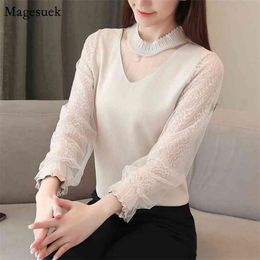 Autumn Sexy V-neck Shirt Women Chiffon Mesh Tops and Blouses Lace Blouse Long Sleeve Office Lady Clothes Blusas 10545 210512