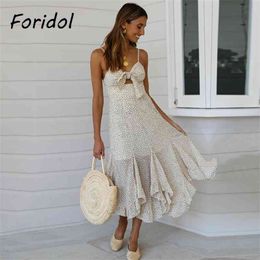 Foridol Backless Women Summer Bohemian Beach Dress Famale Polka Dot Maxi Long Dress Hollow Out Bownot Front Vestidos Mujer 210415