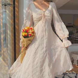 Elegant French Party Midi Dress Vintage Fairy Chiffon Long Women Puff Sleeve V Neck Casual Women's Clothing 14278 210508
