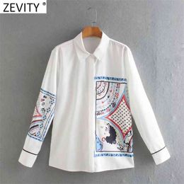 Women Fashion Position Girl Print White Smock Blouse Office Lady Long Sleeve Business Shirts Chic Blusas Tops LS7526 210420