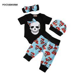 Lioraitiin New Fashion 4pcs Newborn Babys Boy Girl Clothes Floral Jumpsuit Romper Long Pants Headband Hat Outfit Set G1023