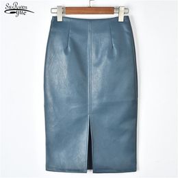 Winter Korean PU Leather Skirt High Waist Straight Midi Sexy Skirt Plus Size Solid Split 10091 220224