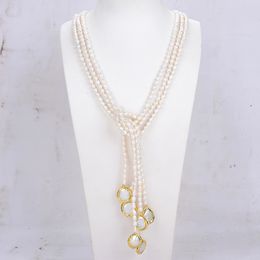 GuaiGuai Jewelry 3 Strands Natural Cultured White Rice Pearl Pearl Lariat Long Sweater Chain Necklace Handmade For Women Real Gems5922549