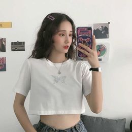 2021 Summer New Butterfly Hot Drill T-shirt Female Student Short Sleeve Korean Short Open Navel Top T Shirt for Women White Top Y0621