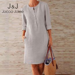 Jocoo Jolee Vintage Straight Dress Long Sleeve Plus Size Mini Dress Women Casual Soild Long Sleeve Cotton and Linen Tunic Dress 210518