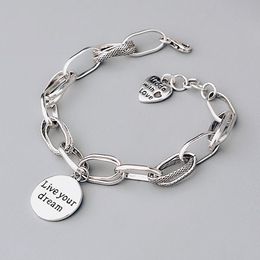 925 Sterling Silver Love Heart Bracelet Retro Thai Silver Thick Chain Round 'Live Your Dream' Letter Bracelet