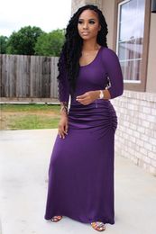 Casual Dresses Women 3/4 Sleeve Shirring Solid Maxi Dress Purple White Black For Fall 2021 Clothing