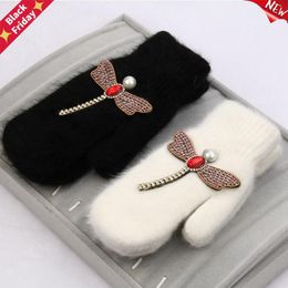 Women Gloves Winter Crystal Dragonfly Fur Brand For Female Double Warm Full Finger Mittens Christmas Gifts Five Fingers