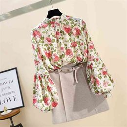 Spring Autumn Women's Lantern Sleeve Chiffon Shirt Mandarin Collar Rose Office Lady Long Blouse GD292 210506