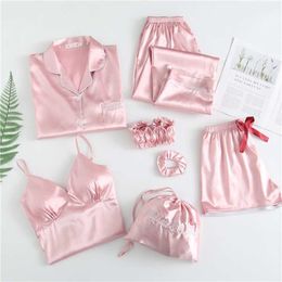 JULY'S SONG 7 Pieces Faux Silk Stain Pyjamas Sets With Chest Pad Pyjama Sexy Sling Shorts Long Sleeve Long Pants Sleepwear Top 211118