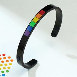 Modyle New Black Rainbow Color Cuff Bangle Bracelets for Men Women Jewelry Stainless Steel Pink Lgbt Pride Gifts Accessory Q0722