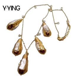 Y·YING natural Cultured White Biwa Pearl Teardrop Festoon gold Colour plated Chain Necklace 19"