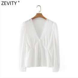 Zevity Women Sexy Deep V Neck Lace Patchwork Smock Blouse Ladies Puff Sleeve Casual Slim Shirts Chic Blusas Tops LS7627 210603