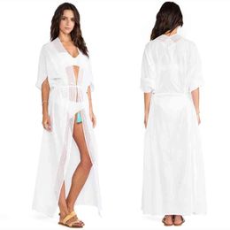 Bikini Cover-ups White Cotton Tunic Women Plus Size Beach Wear Elegant Long Kimono Cardigan Sarongs Swimsuit Cover Up Q1075 210420