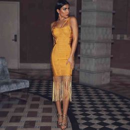 Summer Women Tassel Bandage Dress Vestidos Sexy Sleeveless Bodycon Club Midi Fringe Celebrity Evening Party 210423