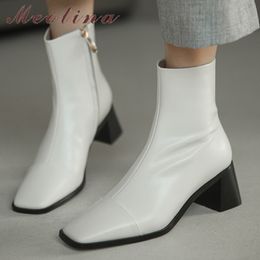 Short Boots Women Shoes Genuine Leather High Heel Ankle Square Toe Thick Heels Zip Lady White Big Size 40 210517