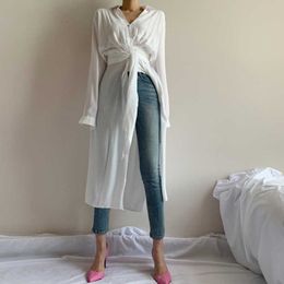 Slim Temperament Minimalism All-match White Lace-up Irregular Split Shirt Dress Women Mid-length Thin Coat Sun Protect Clothing 210610