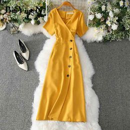 Beiyingni Office Ladies Dress Elegant Buttons Casual Slim Vintage Romance Party Women Dress Red Pink Yellow Vestidos Mujer 210630